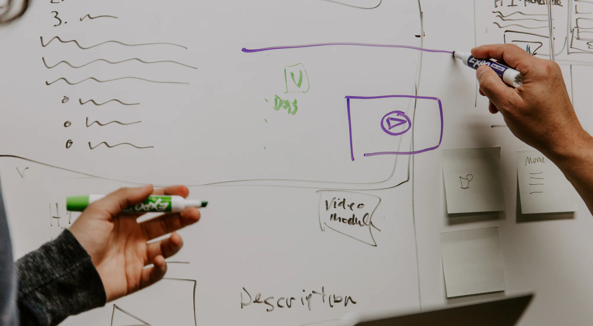 Hand sketching a page flow on a whiteboard